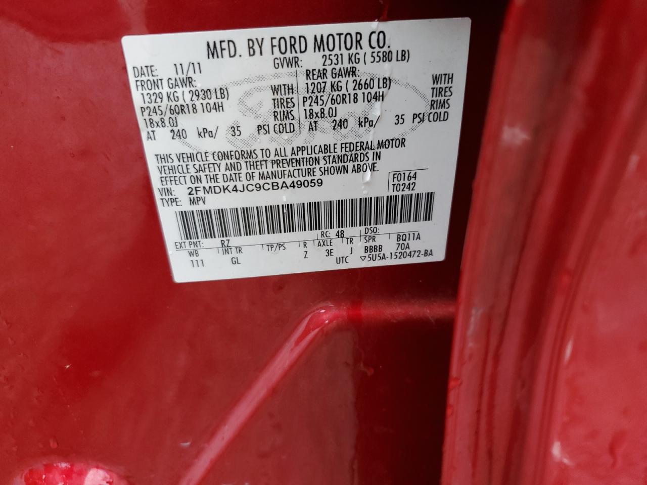 2012 Ford Edge Sel VIN: 2FMDK4JC9CBA49059 Lot: 69096705