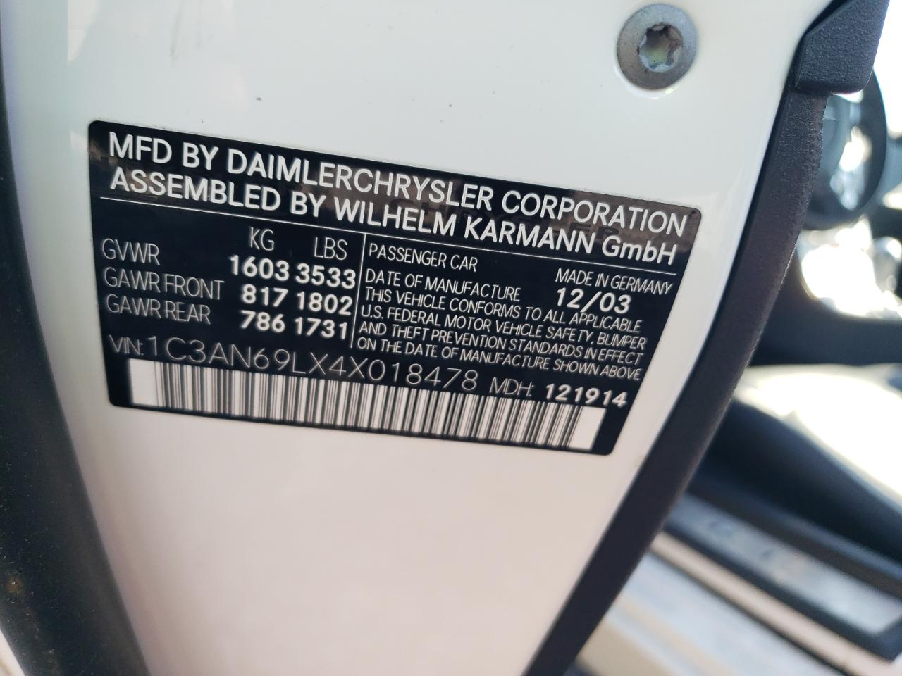 2004 Chrysler Crossfire Limited VIN: 1C3AN69LX4X018478 Lot: 68244505