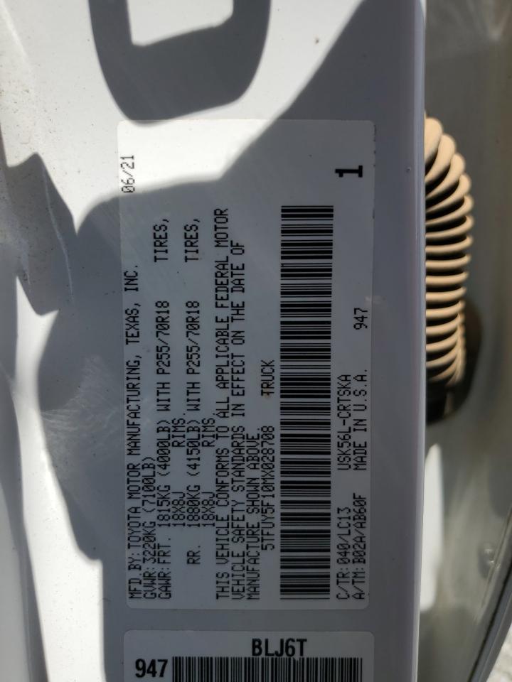 2021 Toyota Tundra Double Cab Sr VIN: 5TFUY5F10MX028708 Lot: 68627955