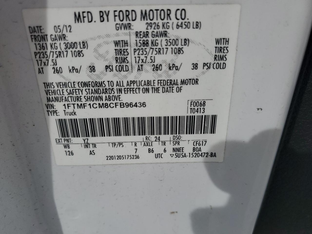 2012 Ford F150 VIN: 1FTMF1CM8CFB96436 Lot: 69832305