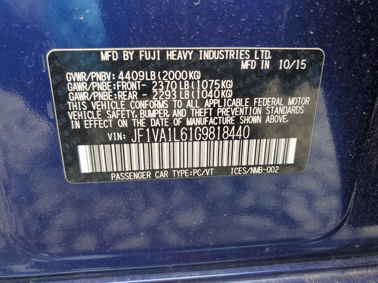 2016 Subaru Wrx Limited VIN: JF1VA1L61G9818440 Lot: 69787605