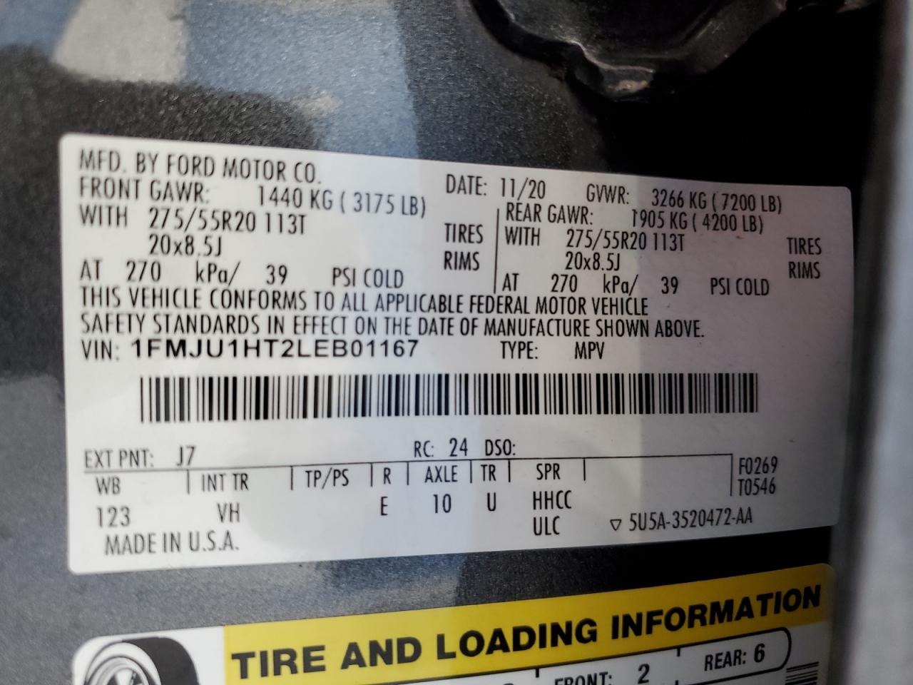 2020 Ford Expedition Xlt VIN: 1FMJU1HT2LEB01167 Lot: 70448985