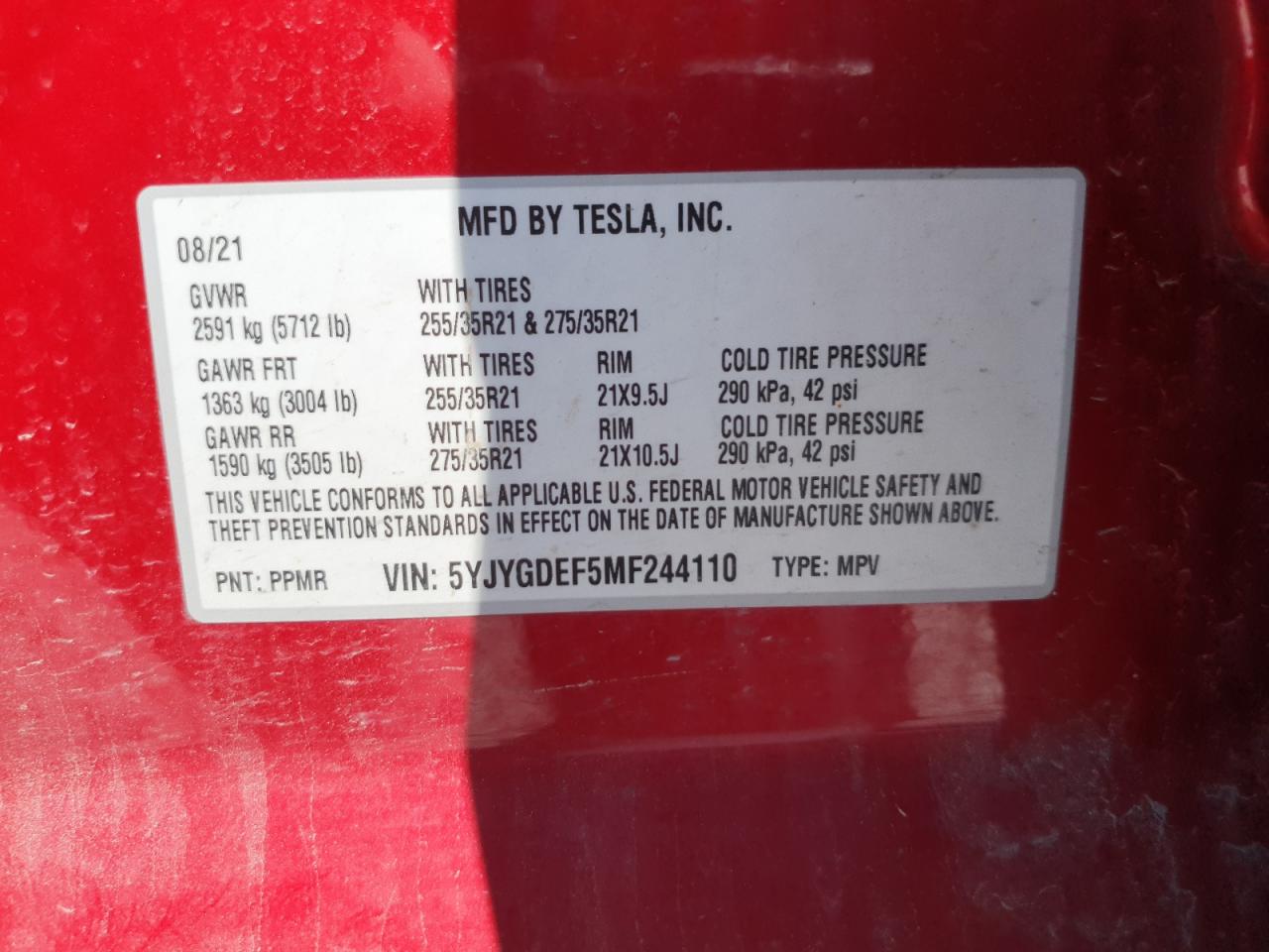 5YJYGDEF5MF244110 2021 Tesla Model Y