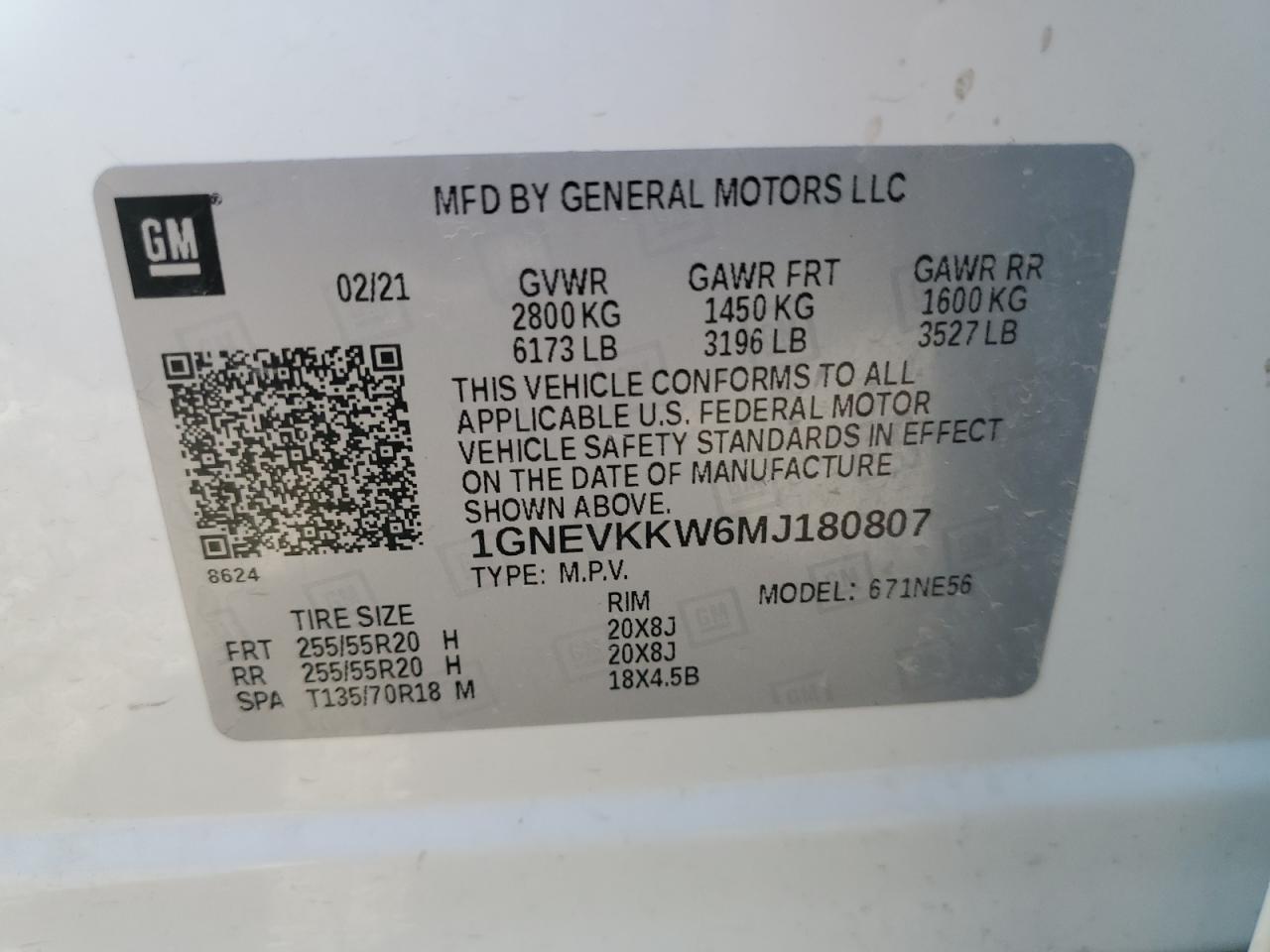 2021 Chevrolet Traverse Premier VIN: 1GNEVKKW6MJ180807 Lot: 69849255