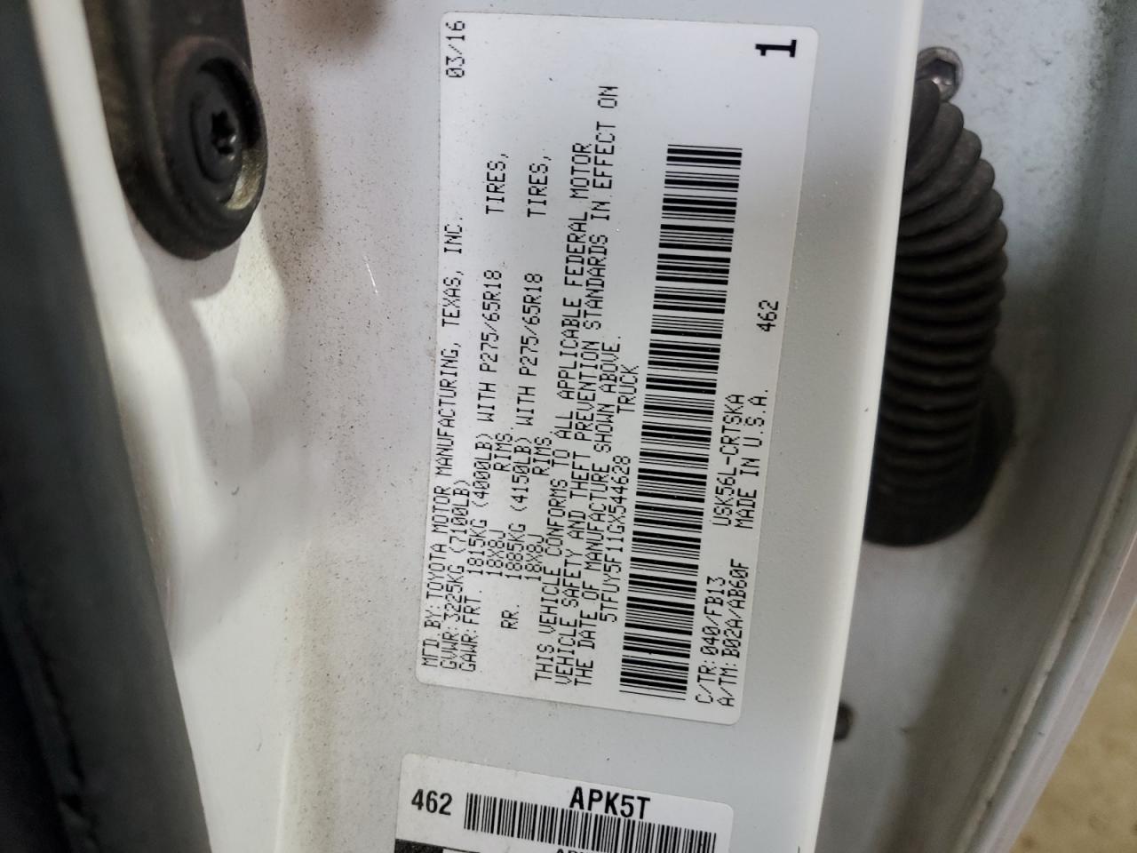 2016 Toyota Tundra Double Cab Sr VIN: 5TFUY5F11GX544628 Lot: 69368875