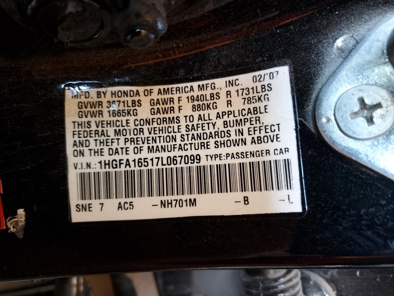 2007 Honda Civic Lx VIN: 1HGFA16517L067099 Lot: 69777305