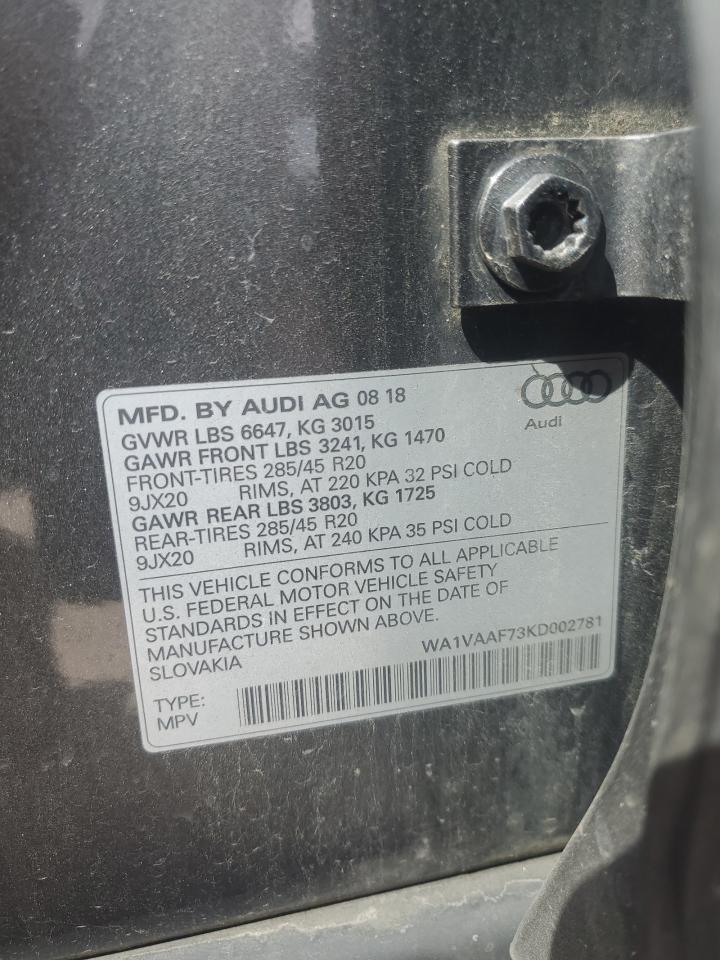 2019 Audi Q7 Prestige VIN: WA1VAAF73KD002781 Lot: 70800625