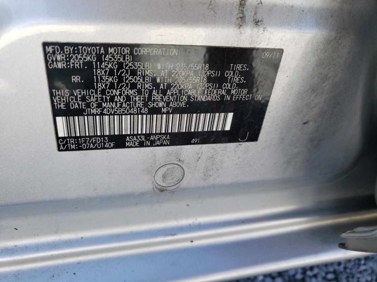 2011 Toyota Rav4 Sport VIN: JTMRF4DV5B5048148 Lot: 68858325