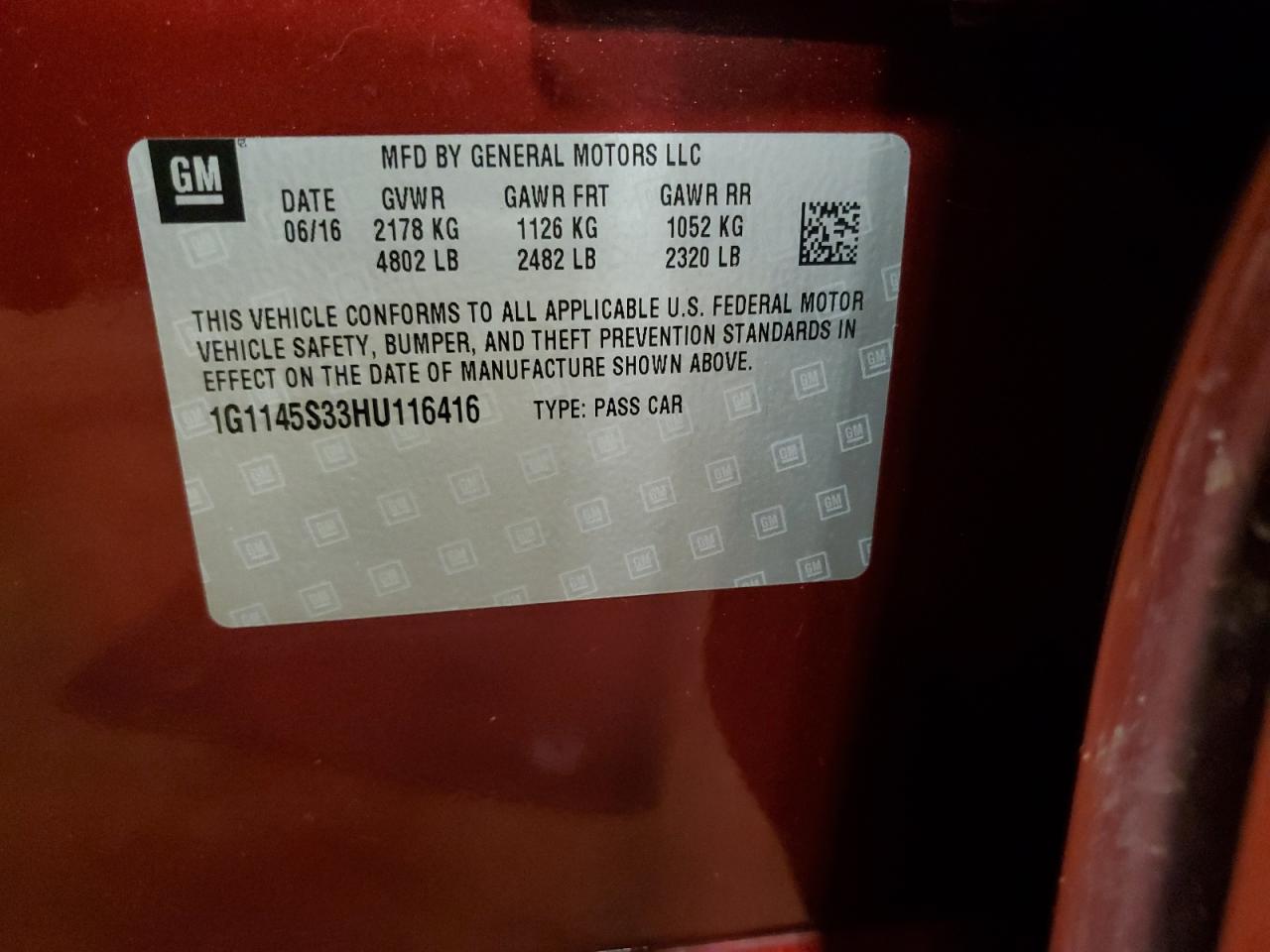 2017 Chevrolet Impala Premier VIN: 1G1145S33HU116416 Lot: 67736195