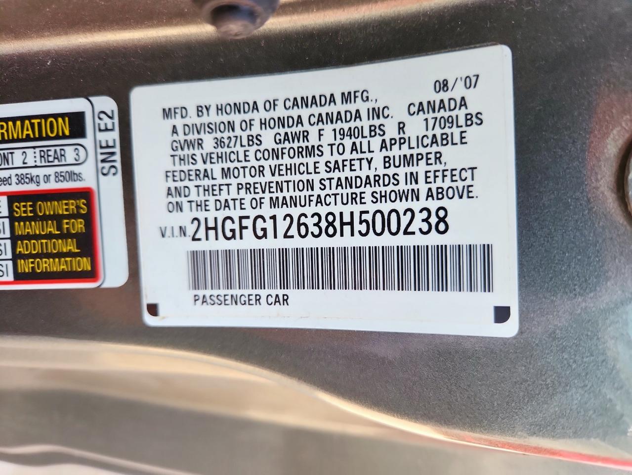 2008 Honda Civic Lx VIN: 2HGFG12638H500238 Lot: 68400195