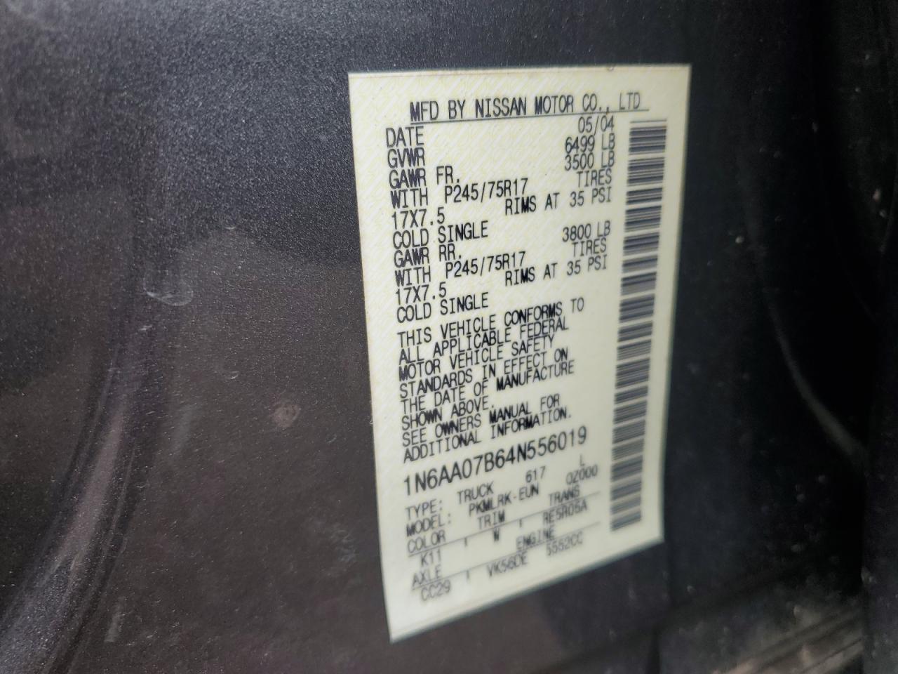 2004 Nissan Titan Xe VIN: 1N6AA07B64N556019 Lot: 70537225