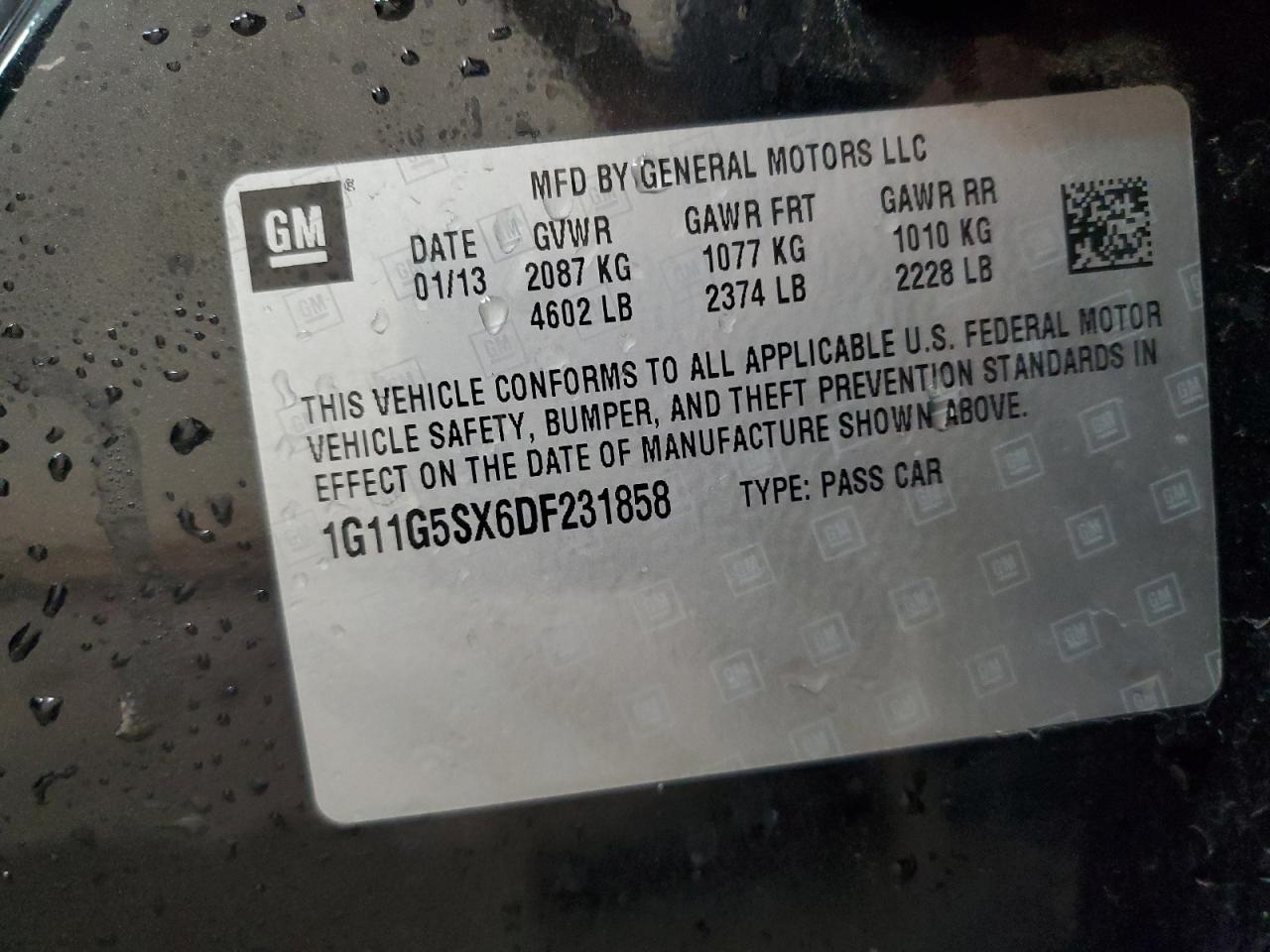 2013 Chevrolet Malibu 3Lt VIN: 1G11G5SX6DF231858 Lot: 70650215