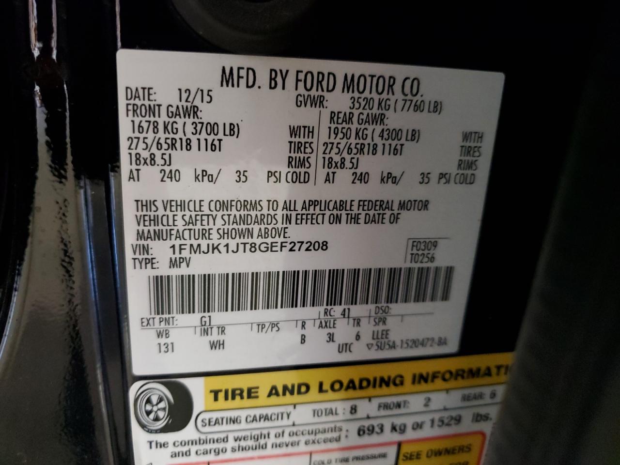 2016 Ford Expedition El Xlt VIN: 1FMJK1JT8GEF27208 Lot: 70365965