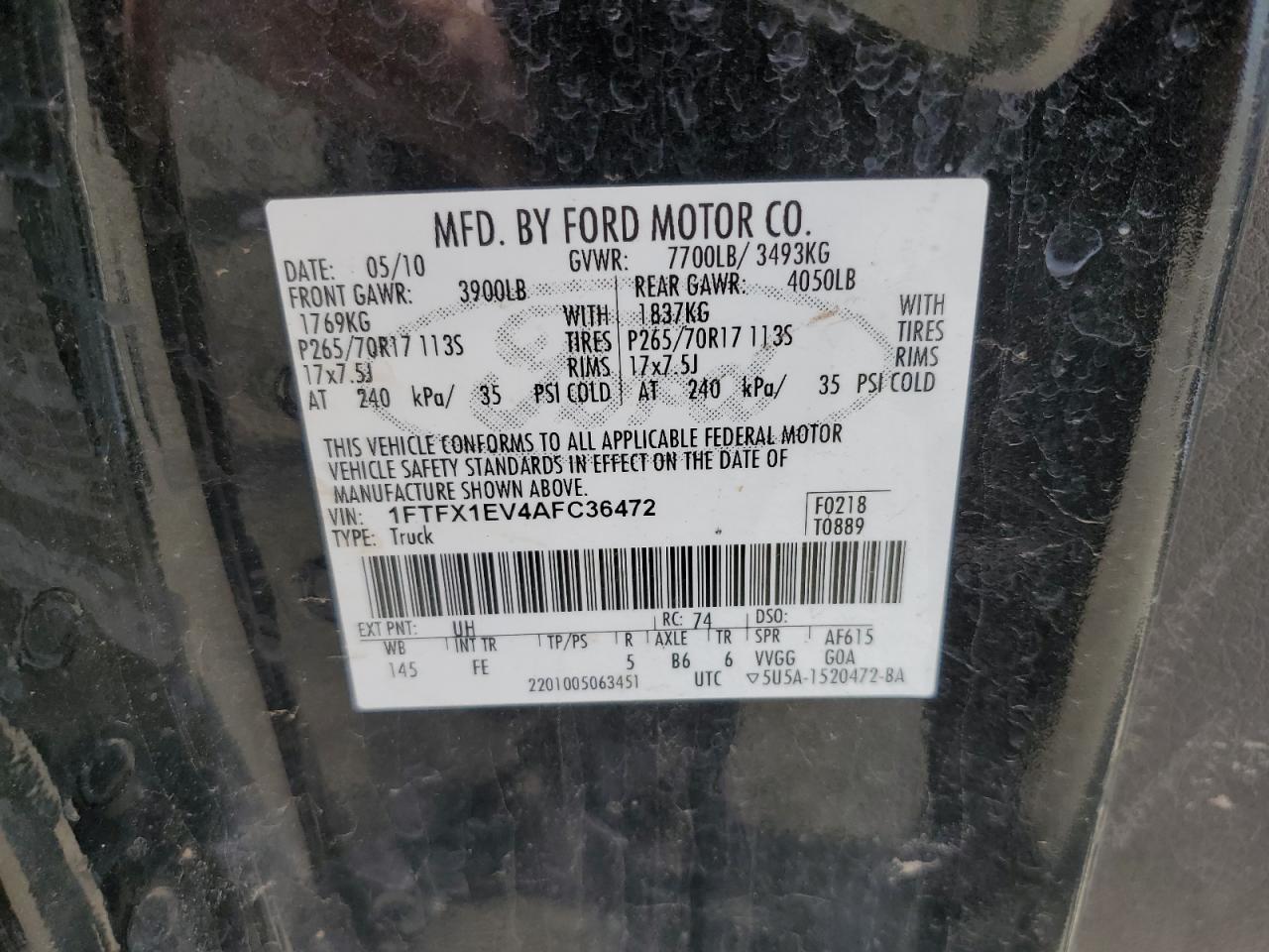 2010 Ford F150 Super Cab VIN: 1FTFX1EV4AFC36472 Lot: 71690795