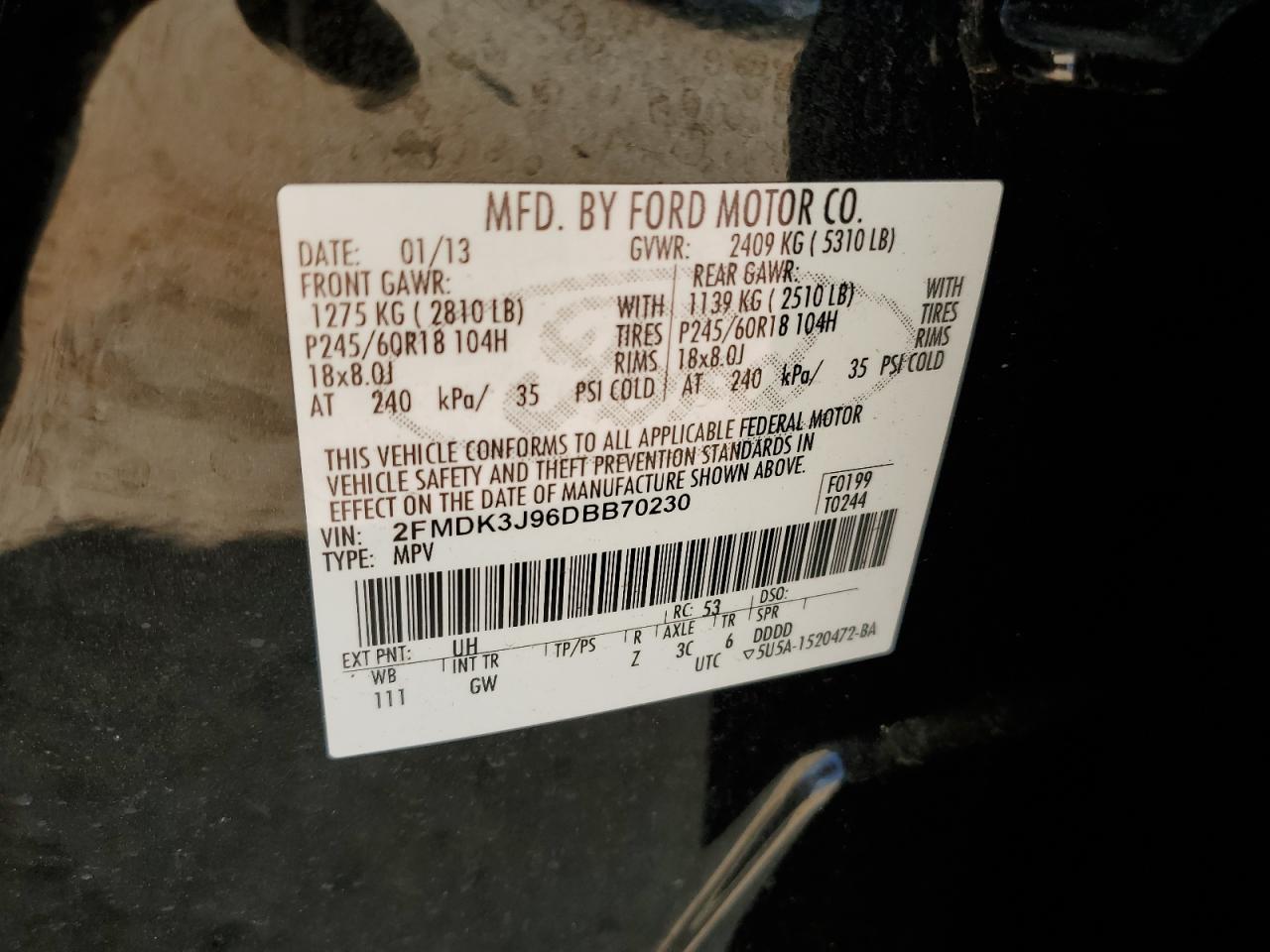 2013 Ford Edge Sel VIN: 2FMDK3J96DBB70230 Lot: 70769055