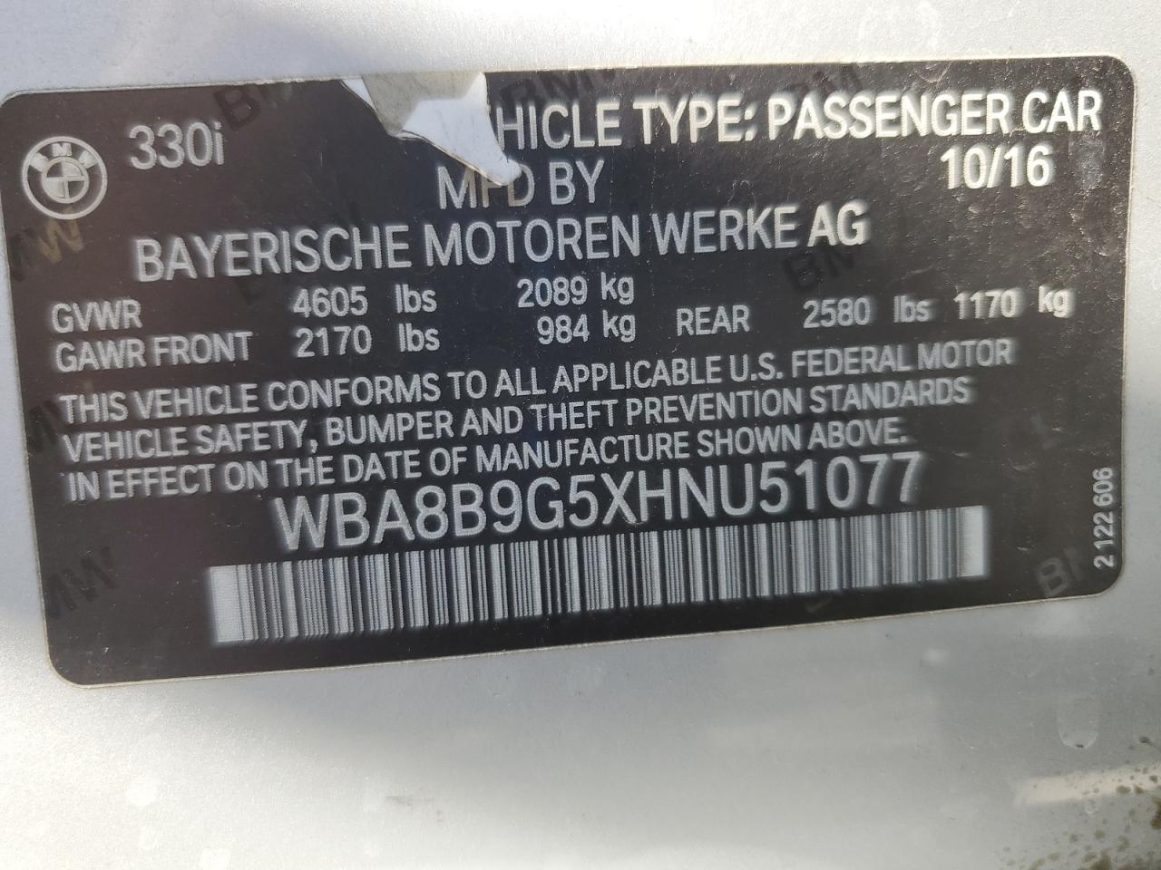 2017 BMW 330 I VIN: WBA8B9G5XHNU51077 Lot: 71307705