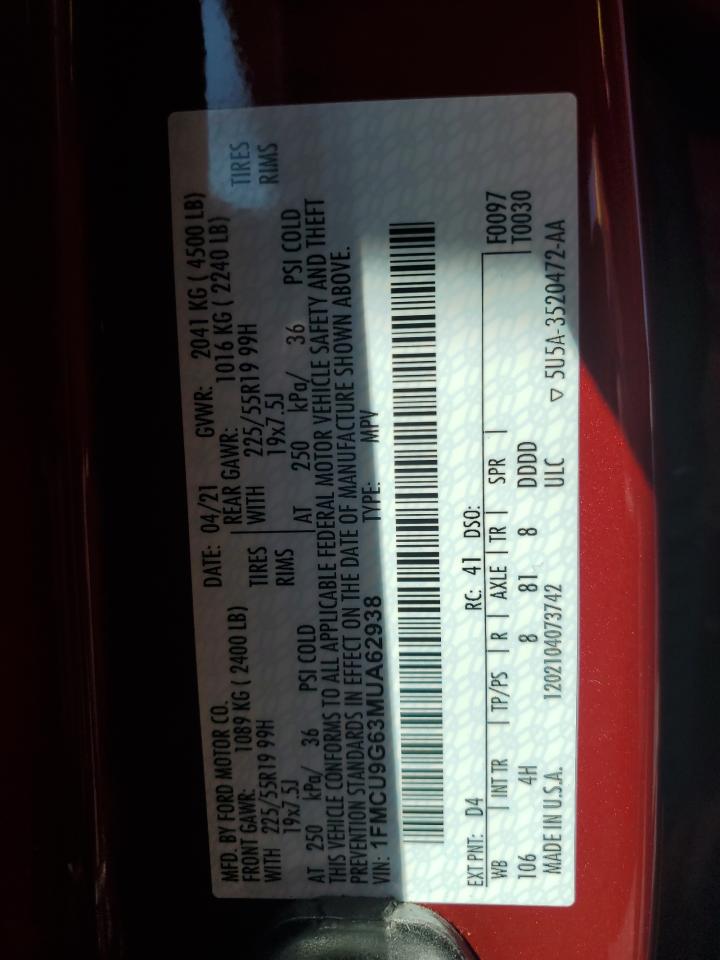 2021 Ford Escape Se VIN: 1FMCU9G63MUA62938 Lot: 70576925