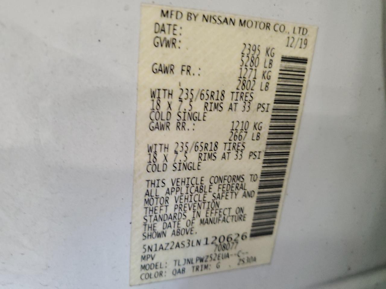 2020 Nissan Murano S VIN: 5N1AZ2AS3LN120626 Lot: 70374595