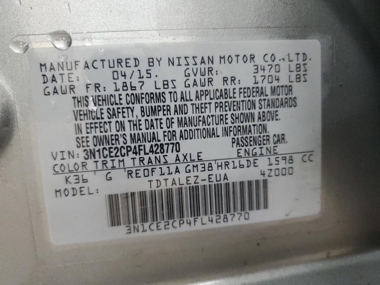 2015 Nissan Versa Note S VIN: 3N1CE2CP4FL428770 Lot: 68312655