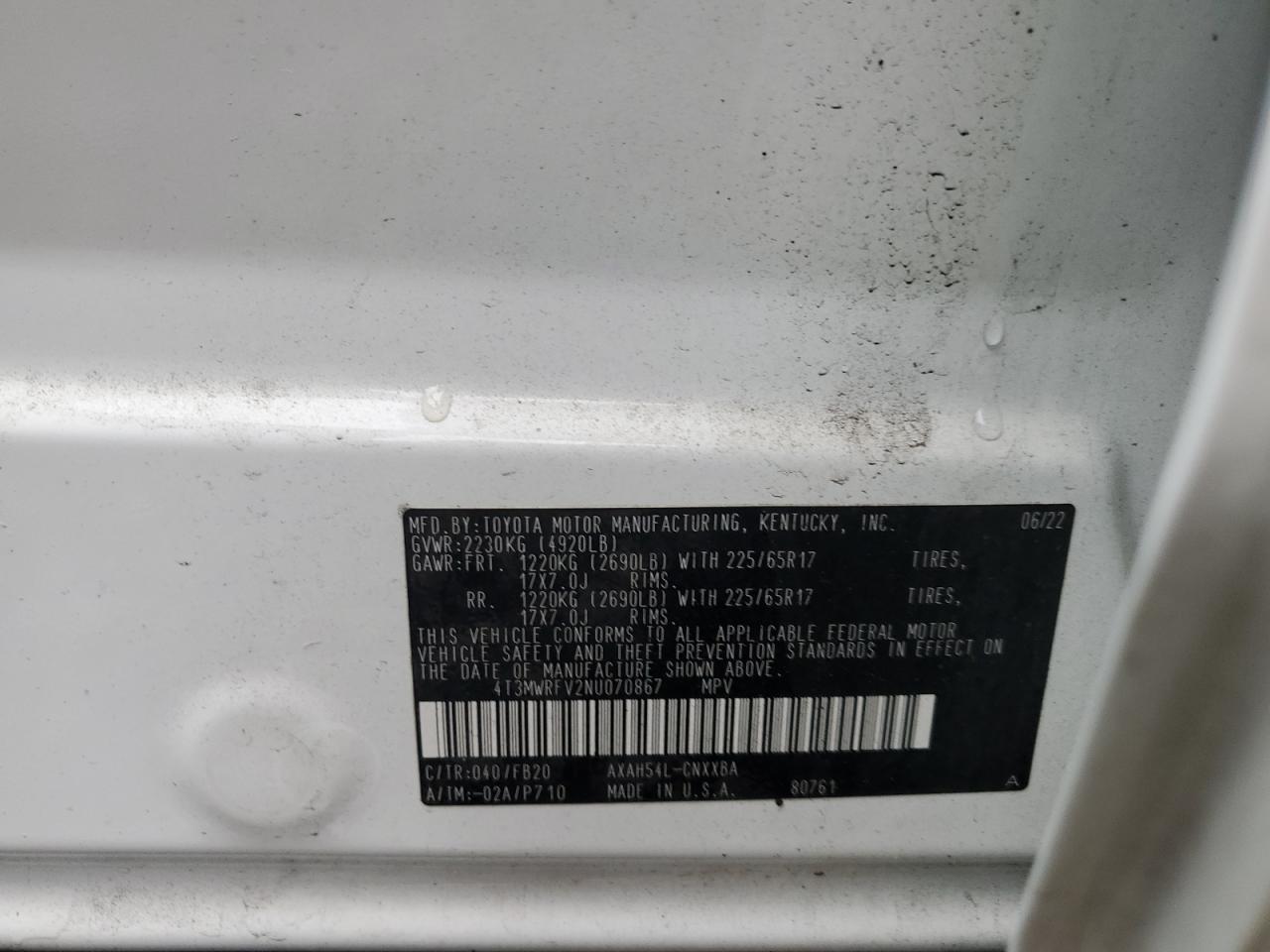 2022 Toyota Rav4 Le VIN: 4T3MWRFV2NU070867 Lot: 69682925