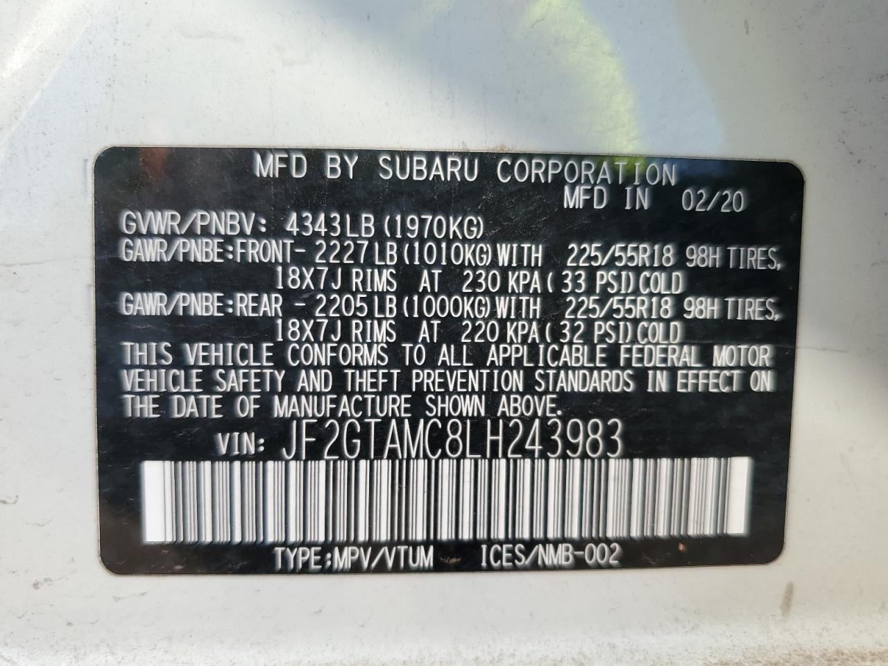 2020 Subaru Crosstrek Limited VIN: JF2GTAMC8LH243983 Lot: 68622855