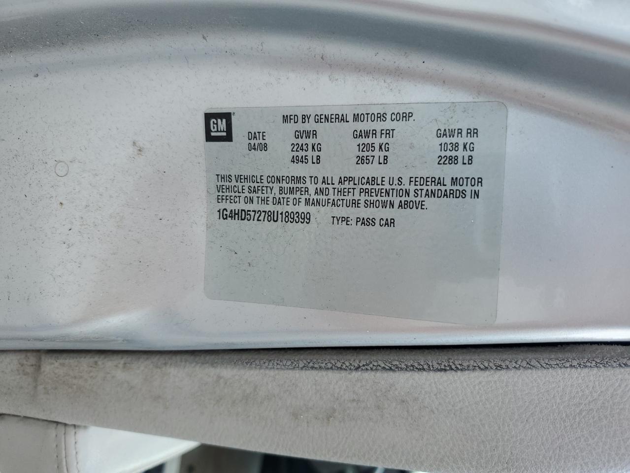 2008 Buick Lucerne Cxl VIN: 1G4HD57278U189399 Lot: 67189455