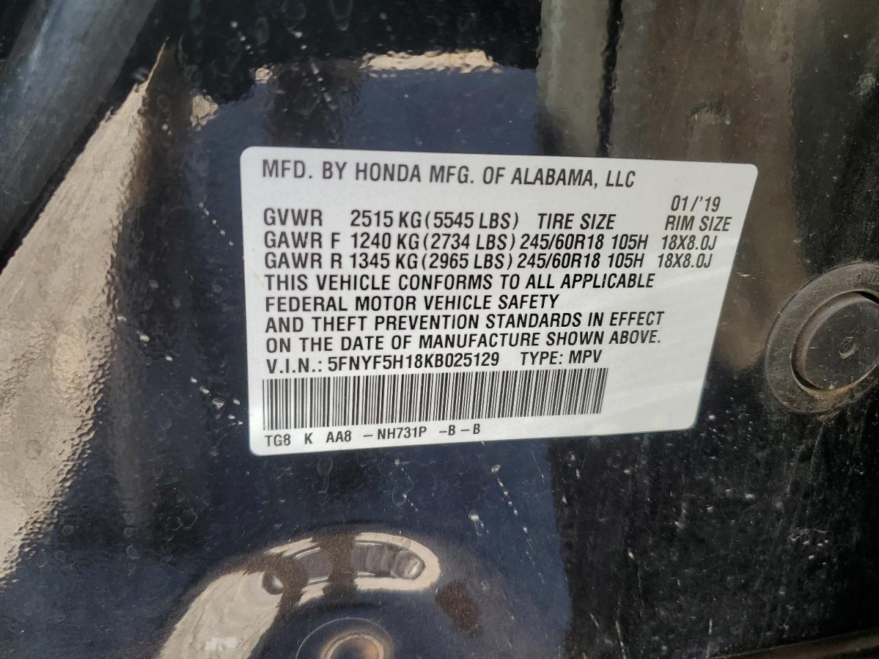2019 Honda Pilot Lx VIN: 5FNYF5H18KB025129 Lot: 69623545
