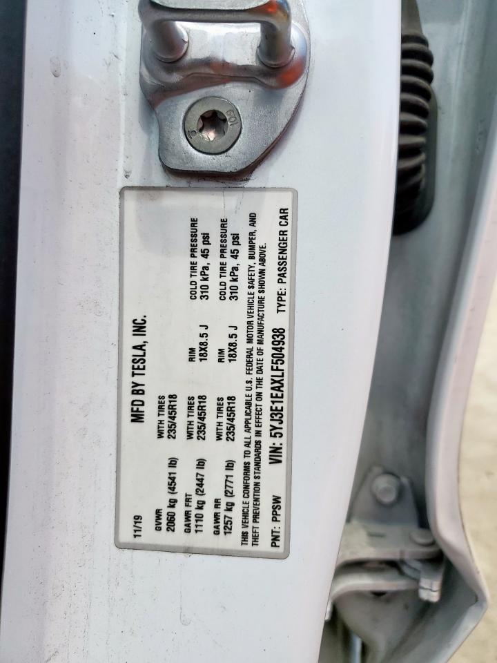 2020 Tesla Model 3 VIN: 5YJ3E1EAXLF504938 Lot: 68574035