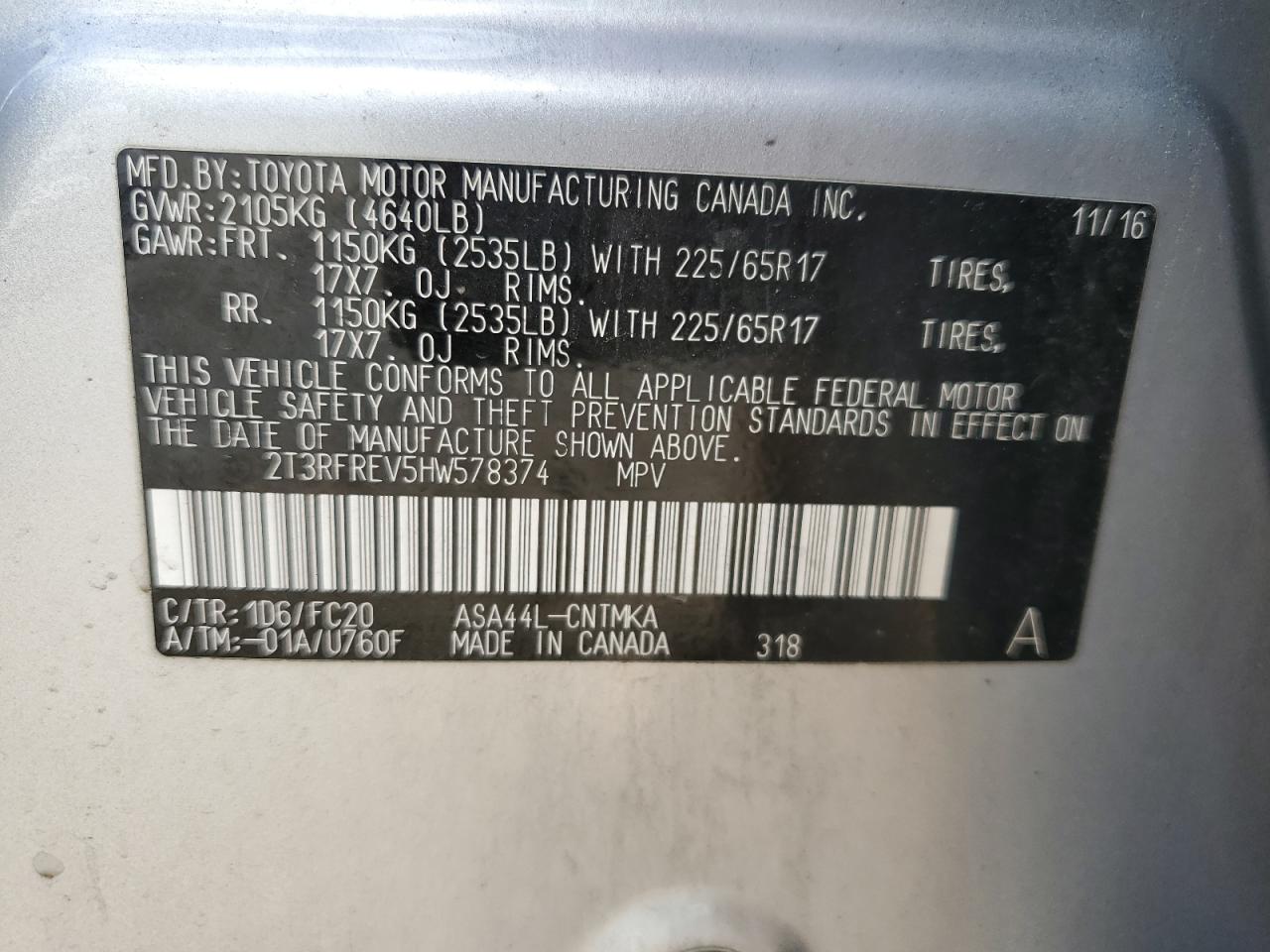 2017 Toyota Rav4 Xle VIN: 2T3RFREV5HW578374 Lot: 70080515