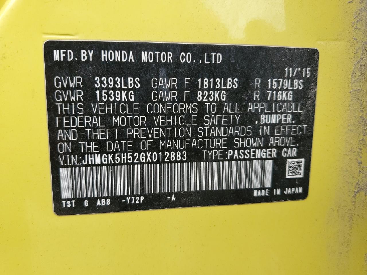 2016 Honda Fit Lx VIN: JHMGK5H52GX012883 Lot: 66873765