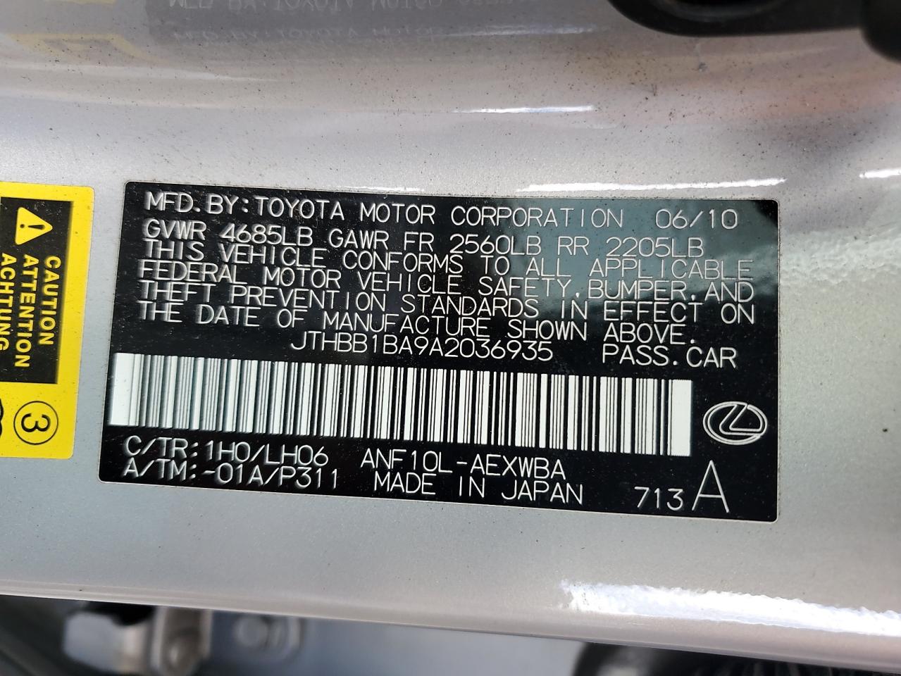 2010 Lexus Hs 250H VIN: JTHBB1BA9A2036935 Lot: 70488815
