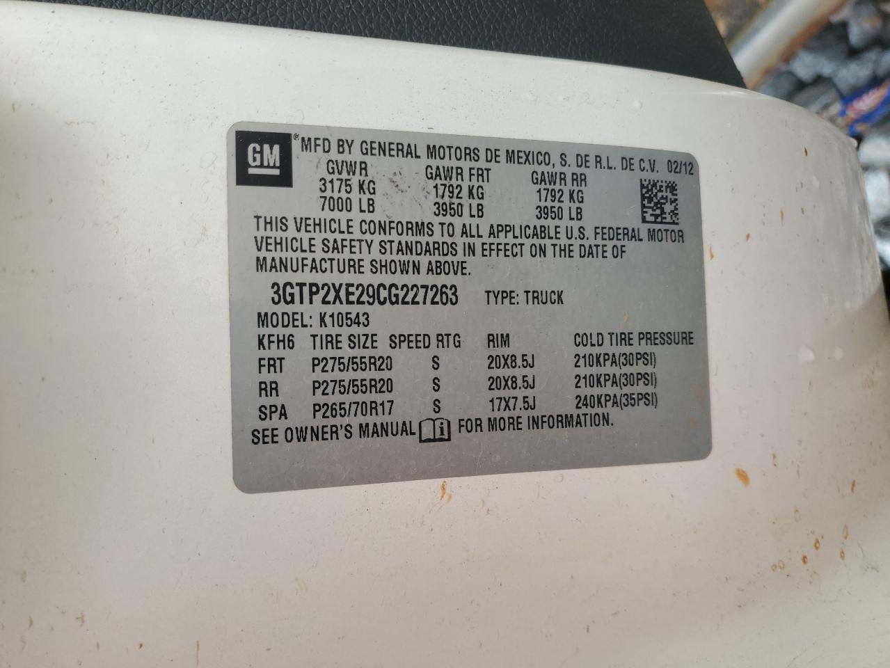 2012 GMC Sierra K1500 Denali VIN: 3GTP2XE29CG227263 Lot: 69859605