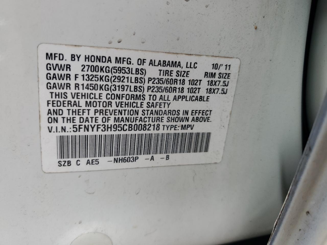 2012 Honda Pilot Touring VIN: 5FNYF3H95CB008218 Lot: 69782265