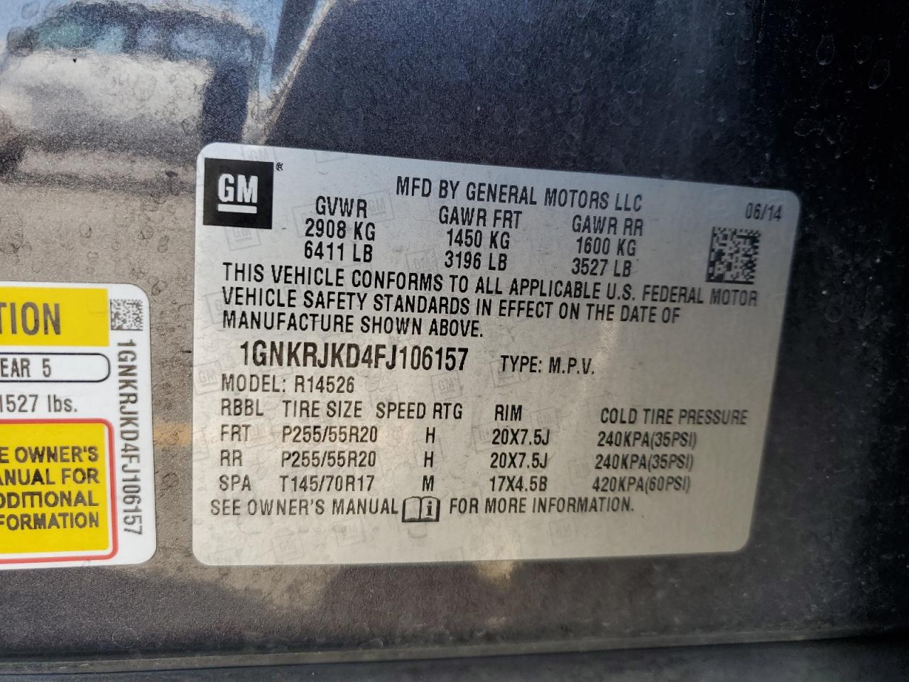 2015 Chevrolet Traverse Ltz VIN: 1GNKRJKD4FJ106157 Lot: 68286165