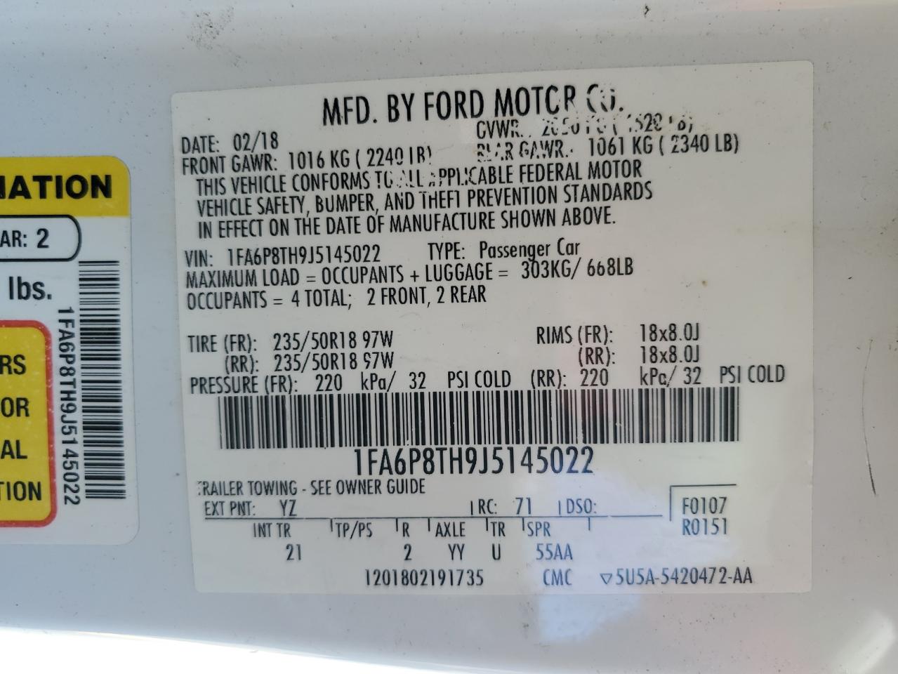 2018 Ford Mustang VIN: 1FA6P8TH9J5145022 Lot: 67959655