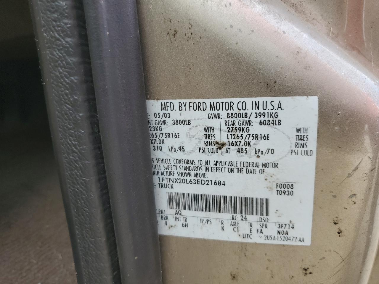 2003 Ford F250 Super Duty VIN: 1FTNX20L63ED21684 Lot: 68922935