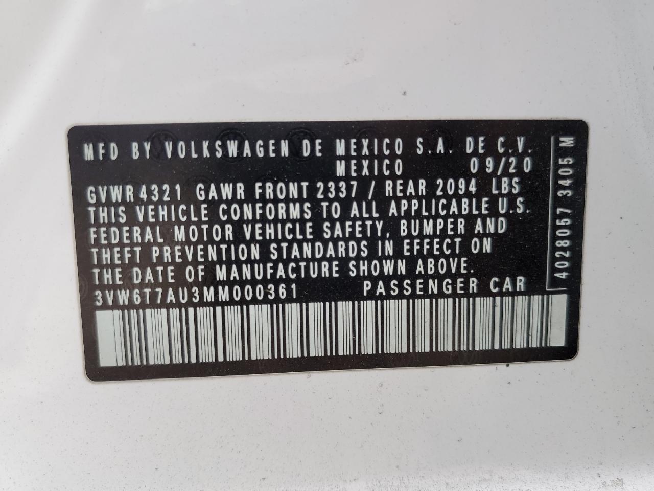 2021 Volkswagen Gti S VIN: 3VW6T7AU3MM000361 Lot: 69512615