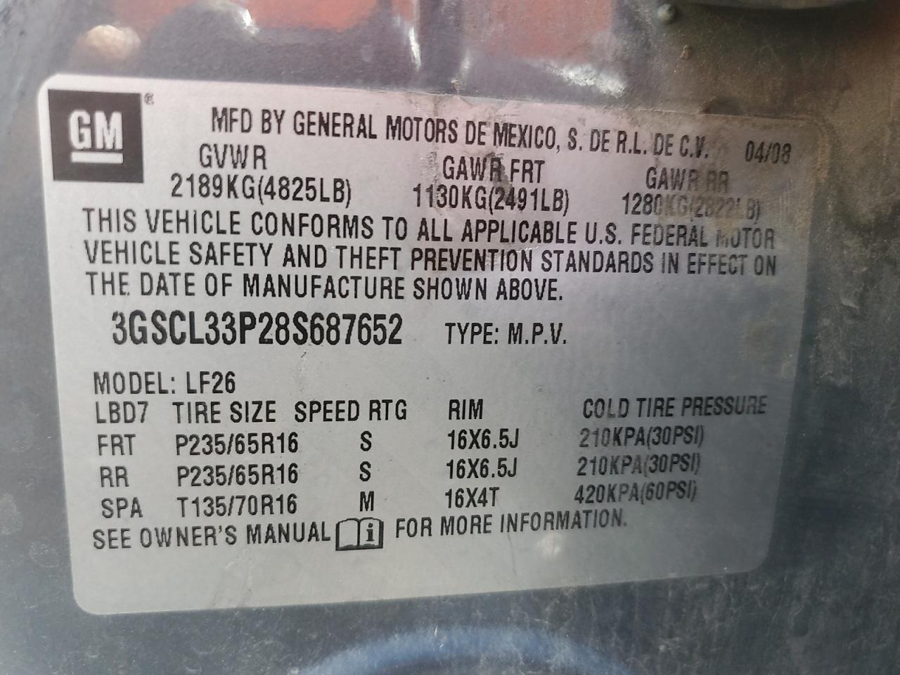 2008 Saturn Vue Xe VIN: 3GSCL33P28S687652 Lot: 68079775