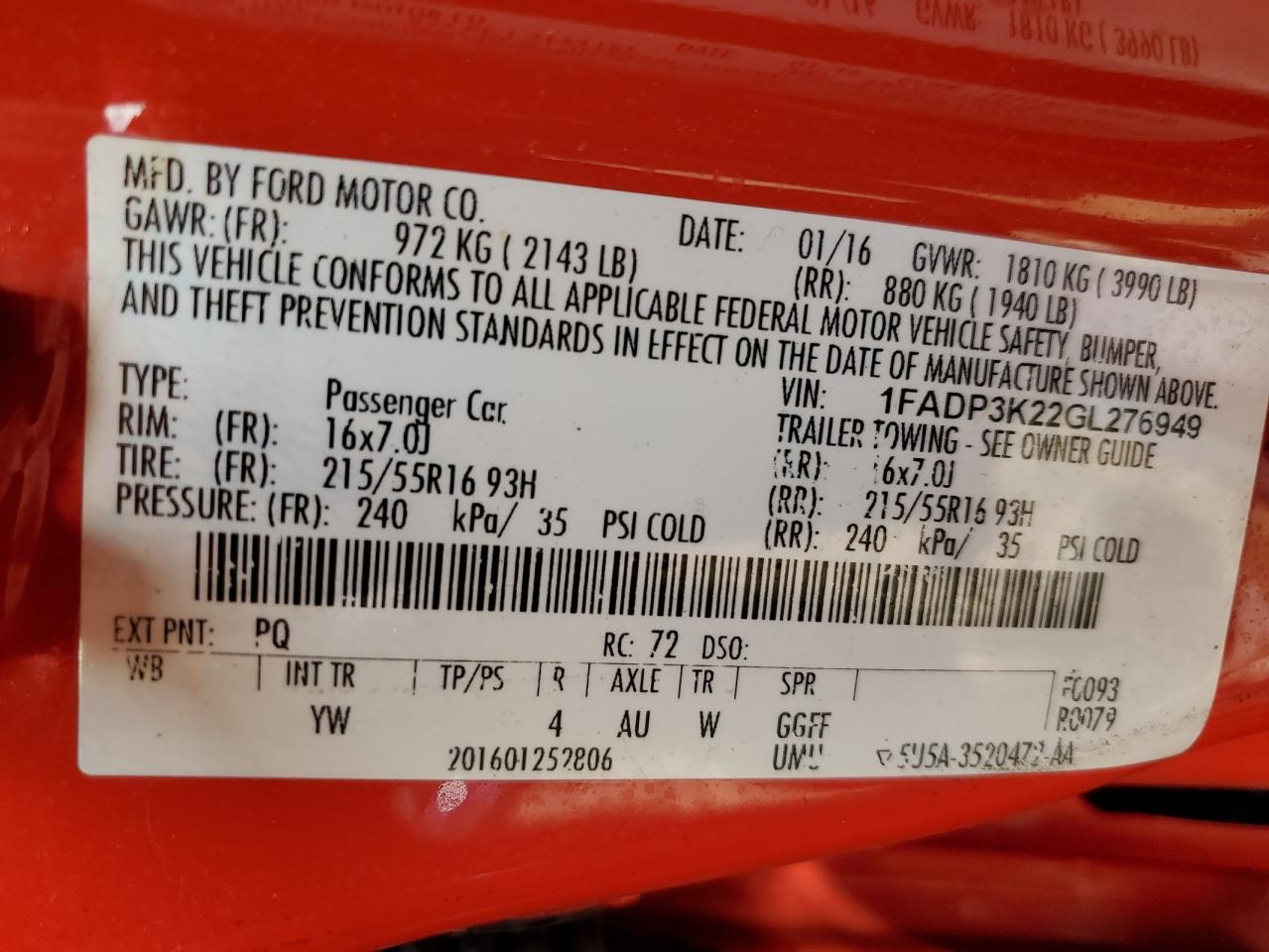 2016 Ford Focus Se VIN: 1FADP3K22GL276949 Lot: 69921265