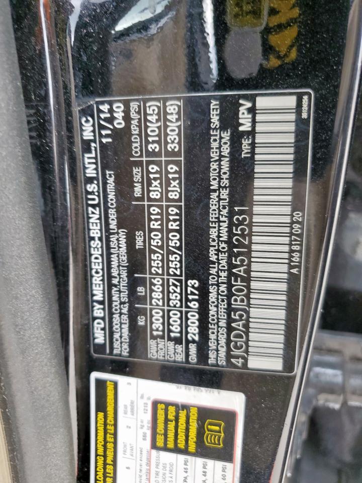 2015 Mercedes-Benz Ml 350 VIN: 4JGDA5JB0FA512531 Lot: 70499055