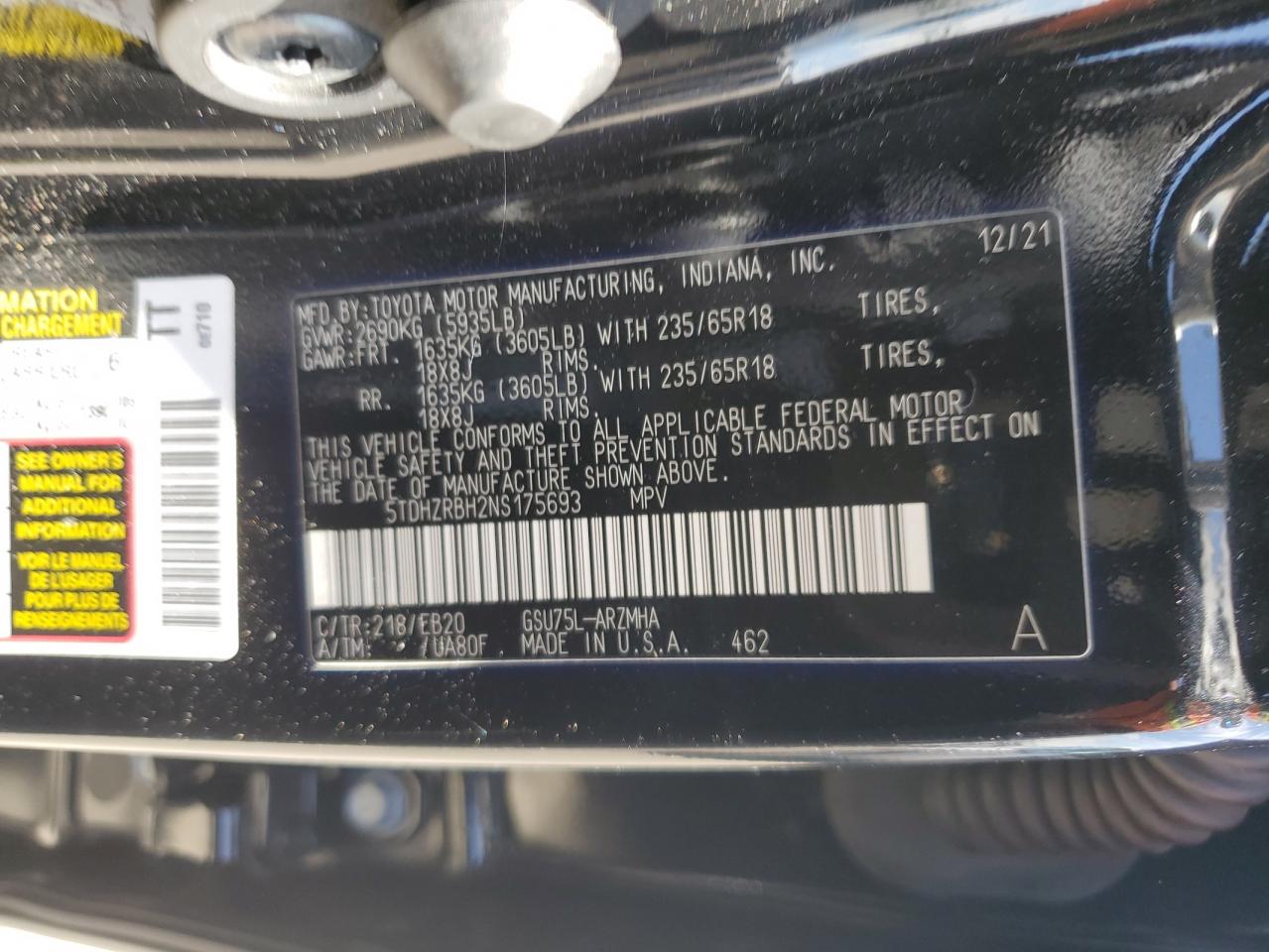 2022 Toyota Highlander Xle VIN: 5TDHZRBH2NS175693 Lot: 68895285