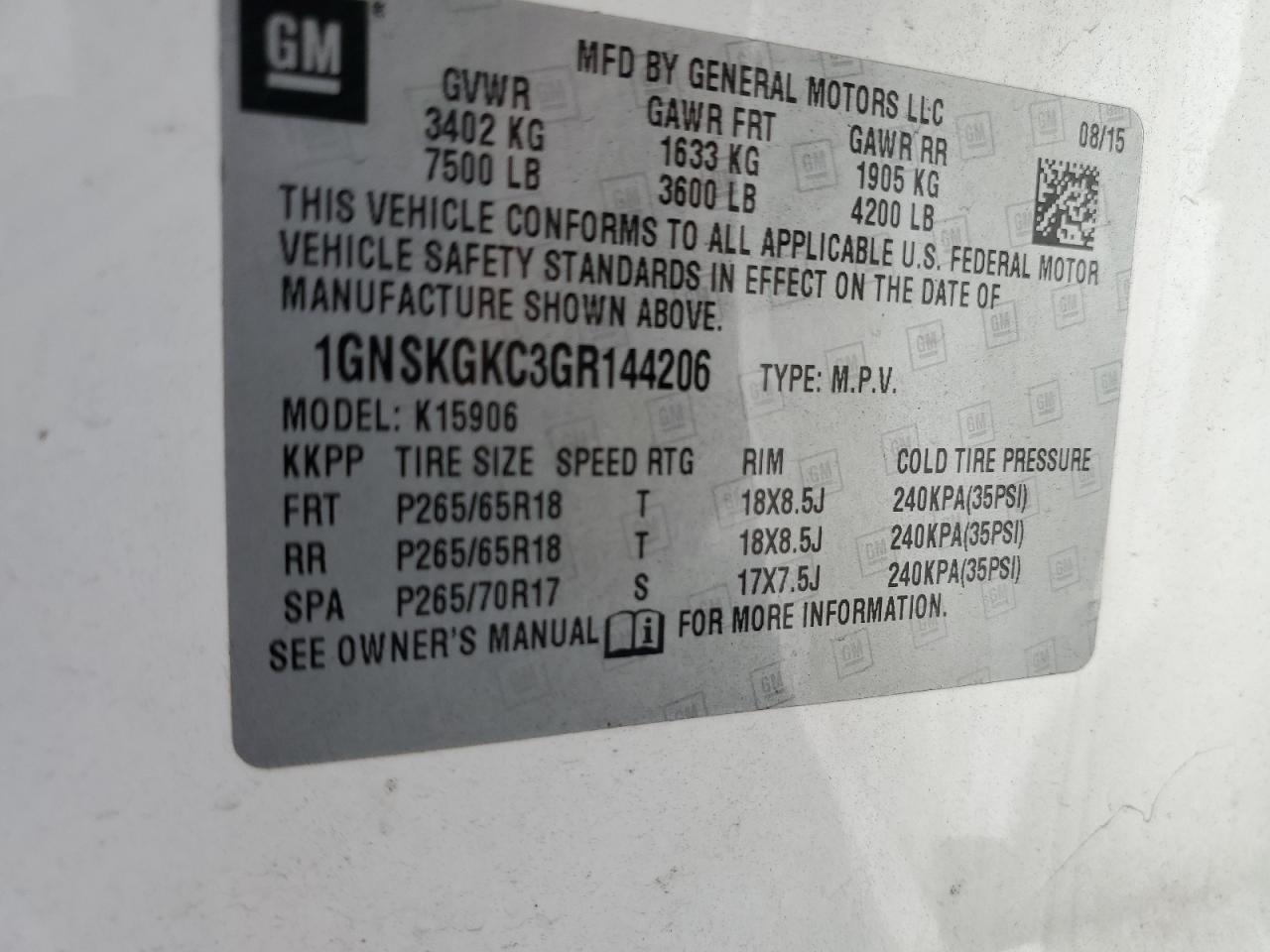 2016 Chevrolet Suburban K1500 Ls VIN: 1GNSKGKC3GR144206 Lot: 68899725