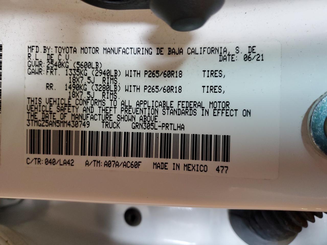 2021 Toyota Tacoma Double Cab VIN: 3TMGZ5AN5MM430749 Lot: 67243415