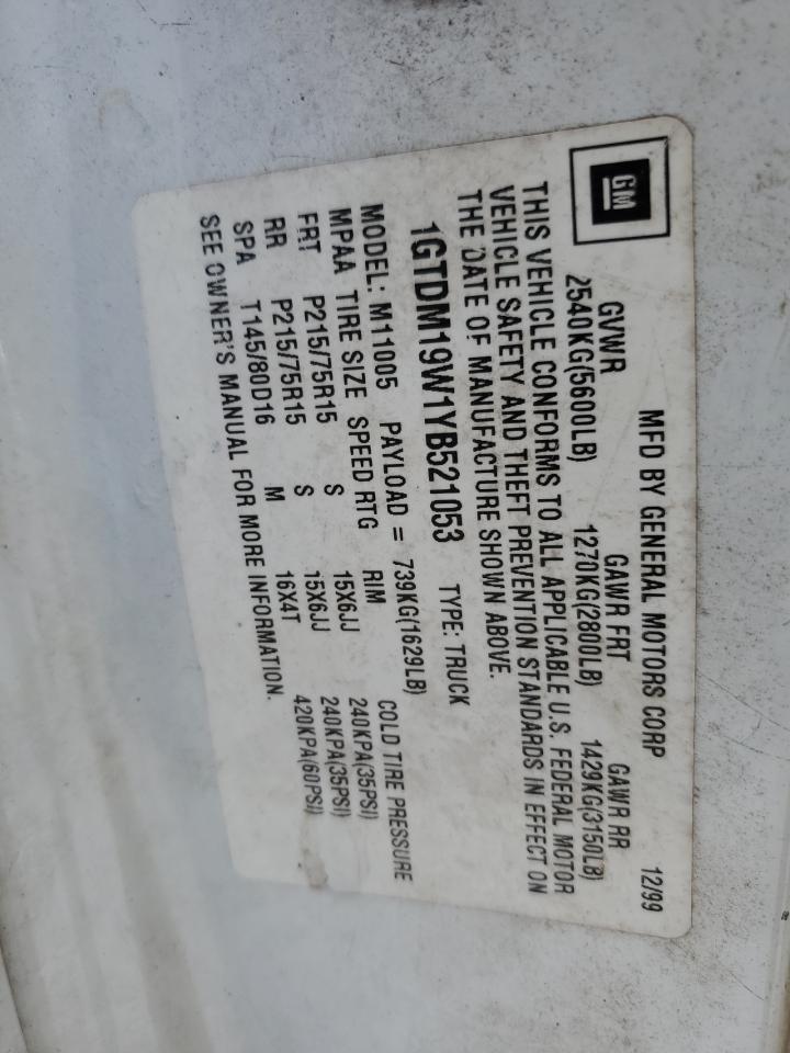 2000 GMC Safari Xt VIN: 1GTDM19W1YB521053 Lot: 70443325