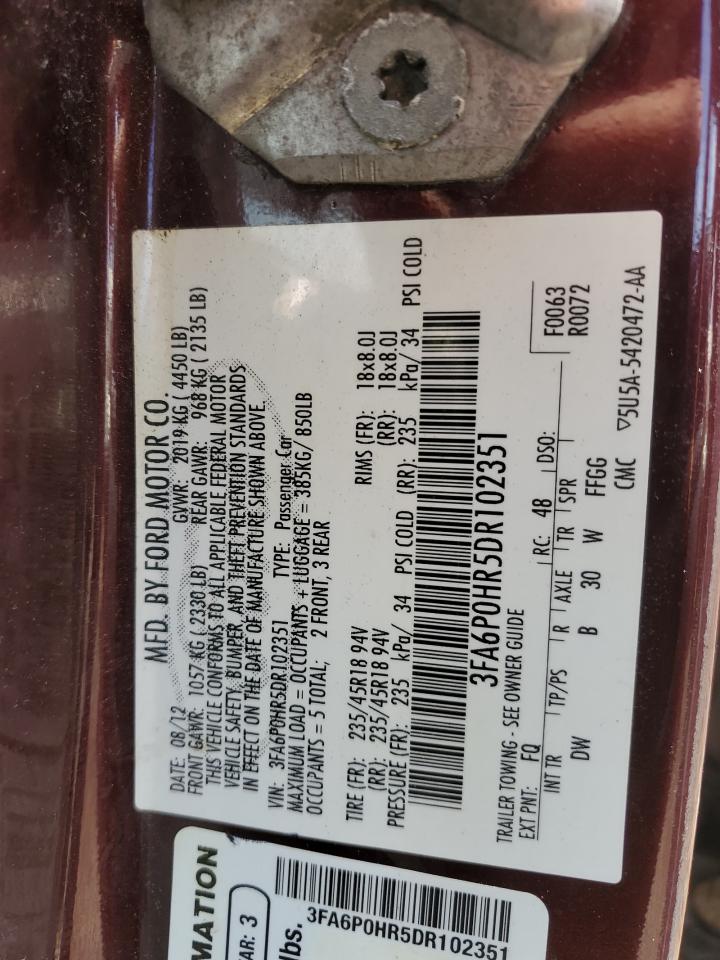 2013 Ford Fusion Se VIN: 3FA6P0HR5DR102351 Lot: 69236915