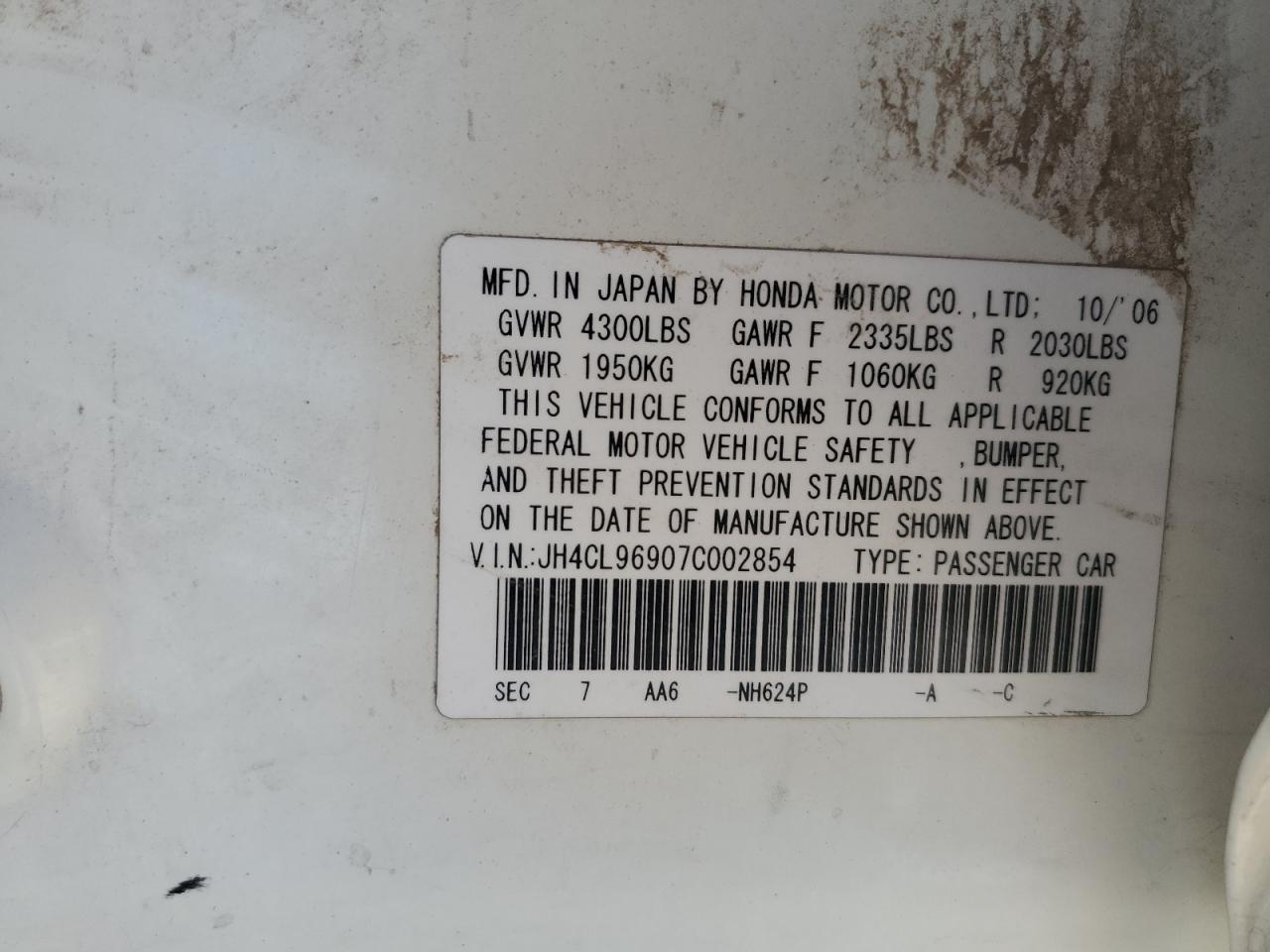 2007 Acura Tsx VIN: JH4CL96907C002854 Lot: 66856065