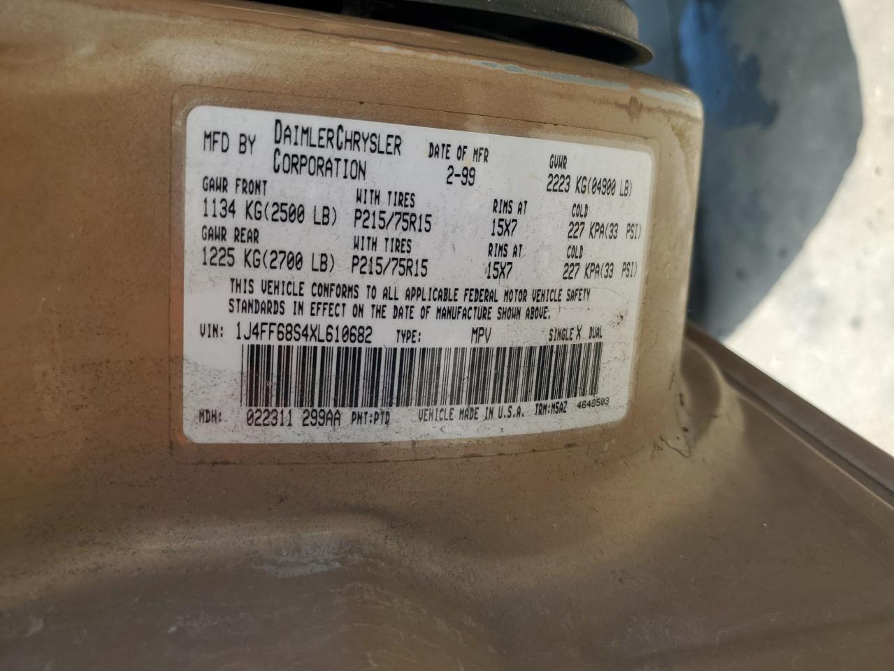 1999 Jeep Cherokee Sport VIN: 1J4FF68S4XL610682 Lot: 67247395