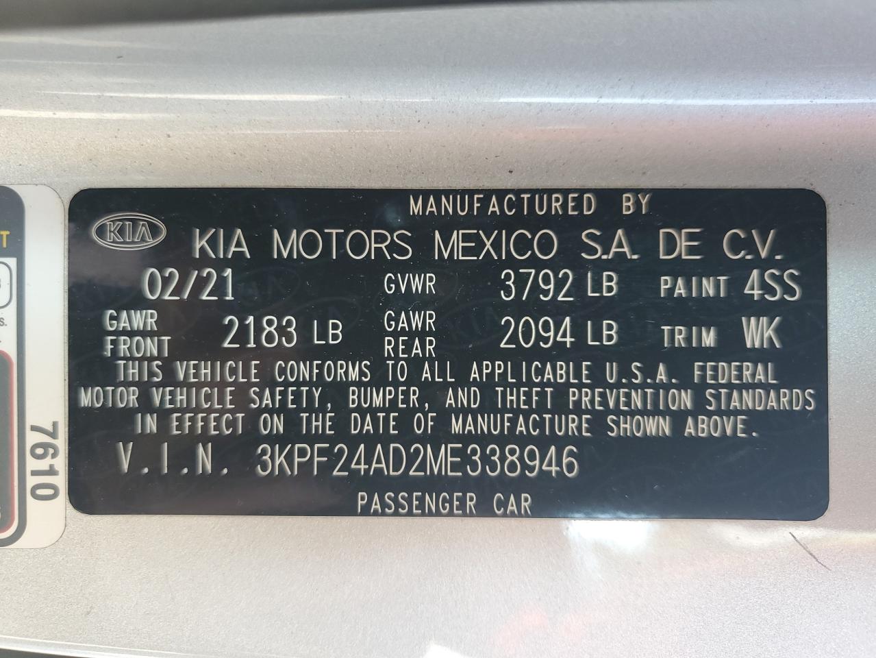 2021 Kia Forte Fe VIN: 3KPF24AD2ME338946 Lot: 68975185