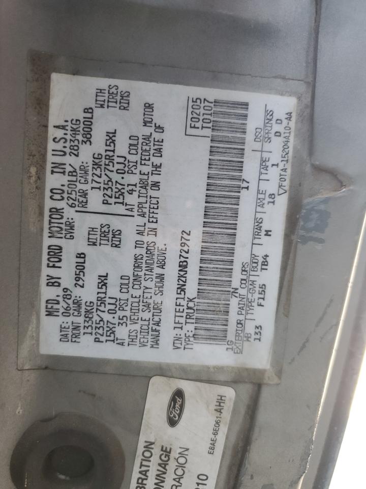 1989 Ford F150 VIN: 1FTEF15N2KNB72972 Lot: 68282045