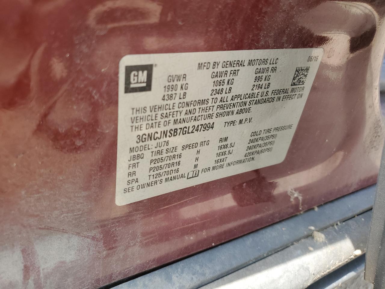 2016 Chevrolet Trax Ls VIN: 3GNCJNSB7GL247994 Lot: 68732895